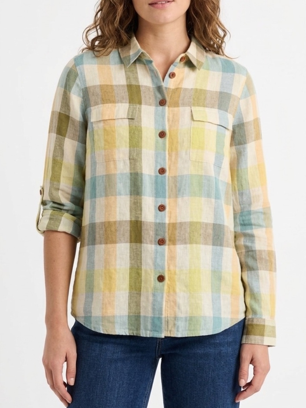 Soft Surroundings 100% Linen Yellow Plaid Adjustable Sleeve Shirt Size L